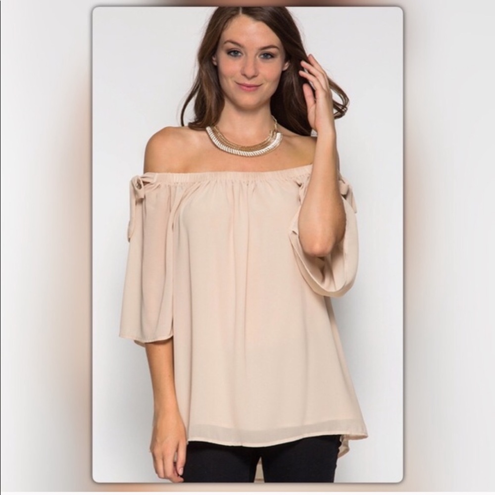 Beige Off the Shoulder Silk Blend Top